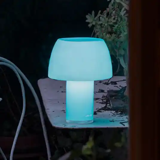 Nemo Lampada da tavolo LED Lorosae, blu, vetro, IP54, USB Non Perdere